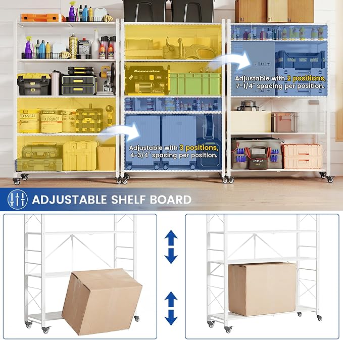 ALANNG 40" W Foldable 5-Tier Storage Shelves on Wheels Adjustable | Removable Metal Rack, Heavy Duty Rolling Organizer for Kitchen, Garage, Closet, Pantry, and Office (White,4 Pack)