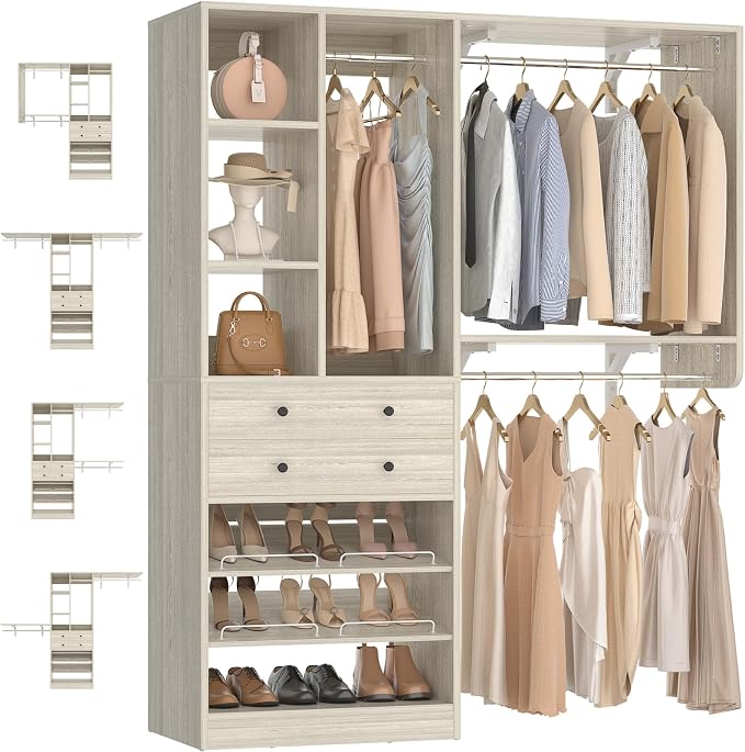 Besiost Closet System - 60"/92" Closet System with Drawers, 5FT/7.67FT Closet Organizer System with Reversible Hanging Shelving Greige Oak
