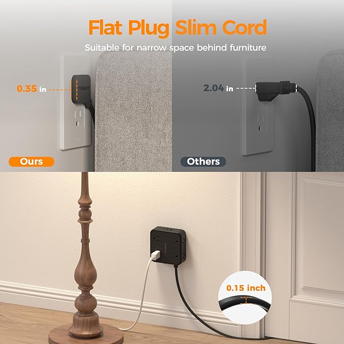TESSAN Surge Protector Power Strip, 10 Ft Flat Plug Extension Cord with 3 USB (1 USB C) 8 Outlets, 900J Protection, 3 Sided Outlet Extender with Power Switch for Office, Dorm Room, Black