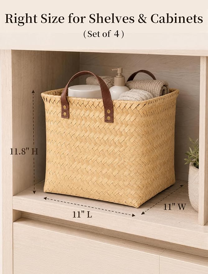 Hand Woven Baskets for Storage, 4Pcs Water-Resistant Wicker Baskets, Yellow Wicker Storage Baskets for Shelves, Large Basket with Handle for Organizing, Clothes, Laundry, Blanket - Square