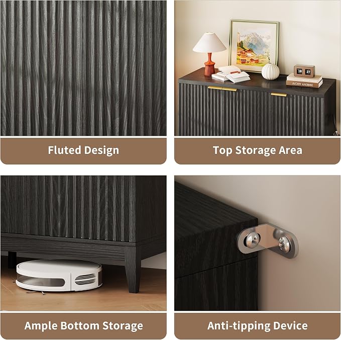 Vlsrka Shoe Storage Cabinet with Fluted Doors and Adjustable Shelves | 6 Tier Wooden Shoe Organizer, Large Capacity, Human Sensor Lighting, 180° Rotating, for Entryway, Hallway, Living Room, Black
