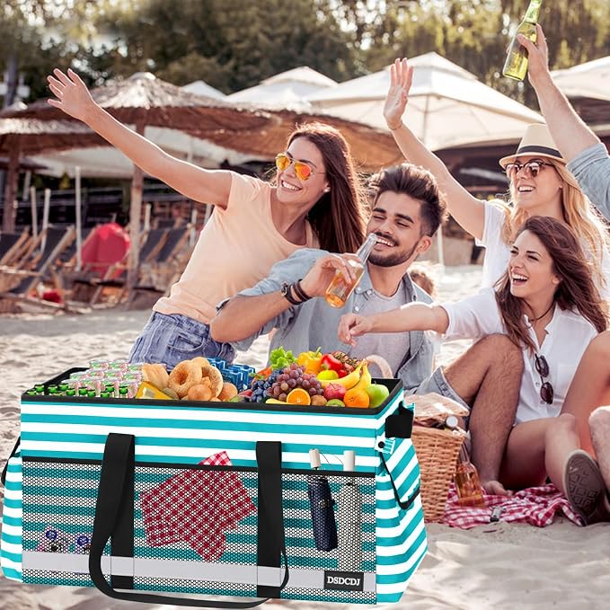Extra Large Utility Tote Bag with Reflective Strip, Standing Reusable Grocery Bags with Hard Bottom, Collapsible Utility Tote with Handles for Shopping, Beach, Picnics, Car, Striped Green