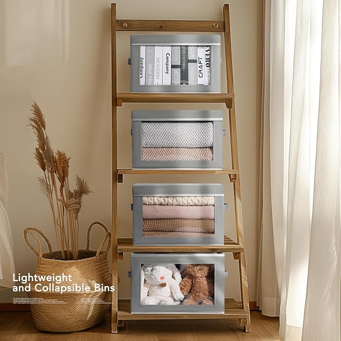 Homsorout Large Storage Bins with Lids - Stackable Cube Bins for Closet, 5 Pack Clear Windows Fabric Organizer Bins, Home Organizers and Storage for Clothes, CD, Towels, Grey