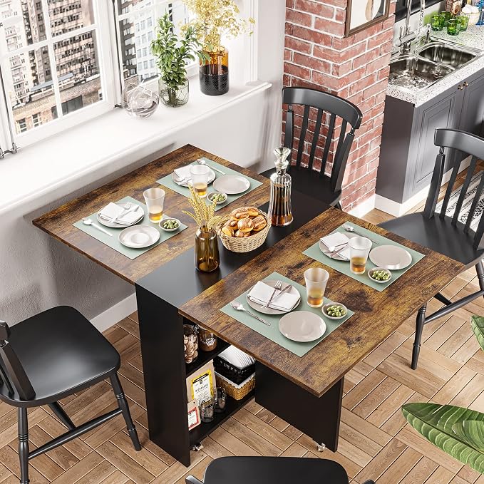 Tiptiper Folding Dining Table with 6 Wheels, Drop Leaf Tables for Small Spaces, Foldable Dining Table with 2-Layer Storage Rack, Folding Kitchen Table, Rustic Brown and Black