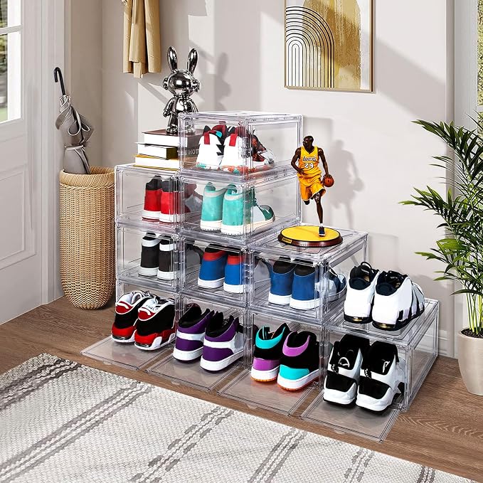 Upgraded 12 Pack Shoe Box,Acrylic Clear Shoe Boxes,Drop Front Shoe Storage Box,Clear Plastic Stackable Sneaker Box,Shoe Containers,Shoe Display Case,Sneaker Storage,Fits Up to Size 15