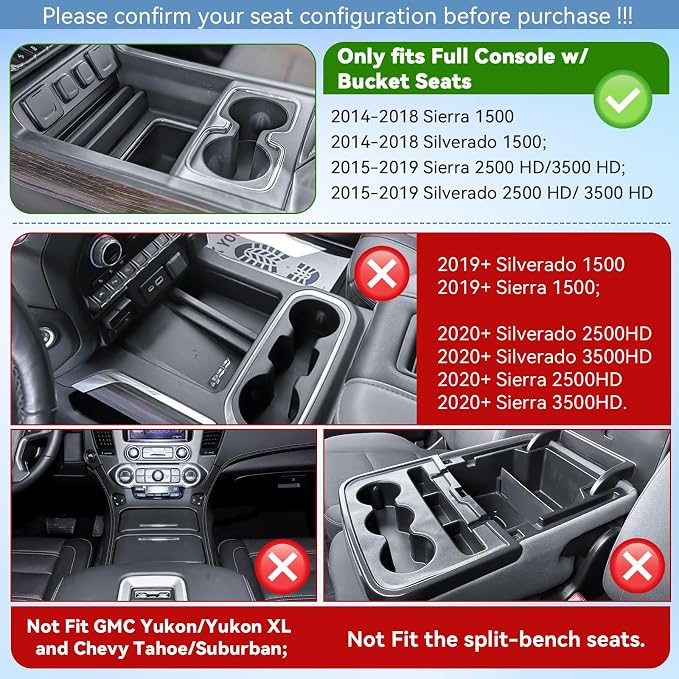 Center Console Organizer Tray for 2014-2018 Chevy Silverado/GMC Sierra 1500 | 2015-2019 Silverado/Sierra 2500HD/3500HD Accessories, Console Insert Tray Add Extra Storage, Full Console w/Bucket Seat ONLY