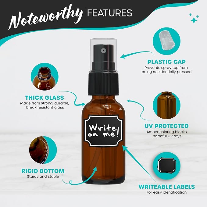 Nevlers Amber Glass Small Travel Spray Bottle 1 Oz Mini Mister 48 Pack Set | Small Glass Spray Bottle with Shrink Wrap, Funnel, Brush, Marker & Labels | Refillable Mini Spray Bottle for Hair & Perfume