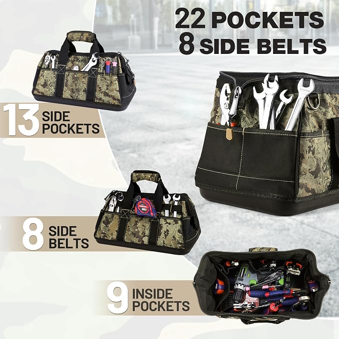 WORKPRO 16-Inch Wide Mouth Tool Bag with Water Proof Molded Base | Multi-Pocket, Heavy Duty Cloth, Adjustable Shoulder Strap, Double-pull Zipper, For Workshops, Outdoor Projects
