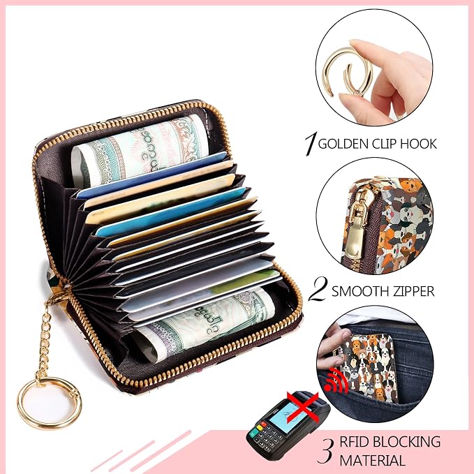 Blusabaca RFID Credit Card Holder Small Women Travel Wallet, Dog Puppy | Removable Keychain, Case with Zipper, Vegan PU Leather, Cash Coin Pocket, Business Accordion Purse, Ladies Female Gift