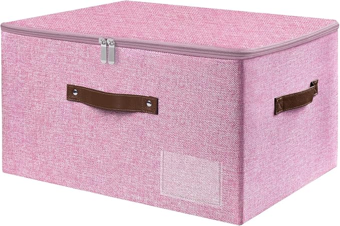 ANMINY Fabric Storage Box Bins with Zipper Lid, Washable Pink | Cotton Linen Fabric, PP Board Frame, Label Holder, Stackable & Foldable, PU Handles, Dual-Zipper 3-Side Open Lid, Large