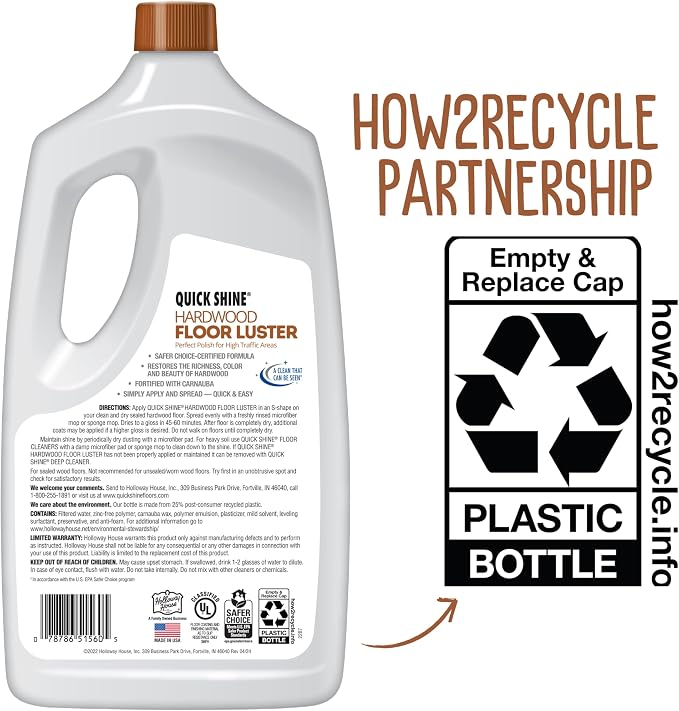 Quick Shine Hardwood Floor Luster 64 oz-2 Pk, Natural Looking Shine | Plant Derived Carnauba Polish, Renew & Protect, Streak & Haze Free, Non-slip, pH Neutral, No PFAS, EPA Safer Choice