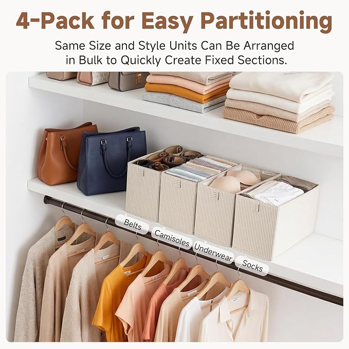 StorageWorks Narrow Storage Basket, Narrow Baskets for Shelves, Fabric Storage Bins with PU Handle, Perfect for Clothes, Underwear, Books, Socks, Khaki Stripe, 4-Pack