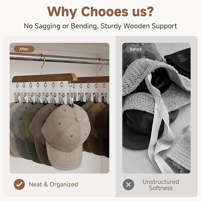 StorageWorks Hat Organizer 4 Pack, Walnut Cap Hanger Rack with 10 Clips