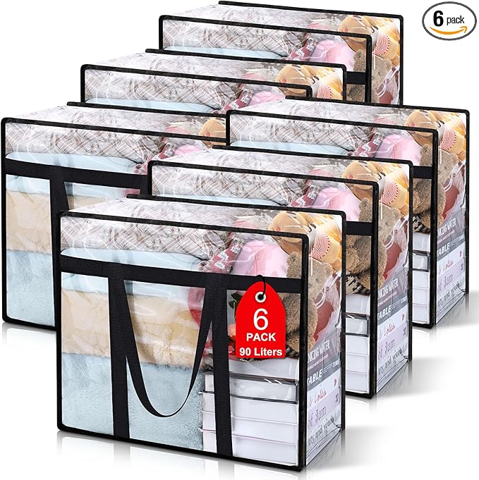 6Pack Clear Blanket Storage Bags, Vinyl Comforter Clothes Storage Closet Organizers and Storage Containers Moving Bags with Reinforced Handle for Bedding, Clothing, Comforters, Pillows, Toys,90L