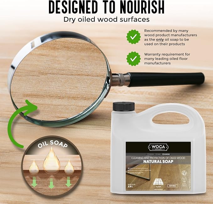 WOCA Natural Soap, Natural 1L - Concentrated Wood Cleaner for oil finished hardwood floors, tables, millwork, cutting boards, countertops and butcher block