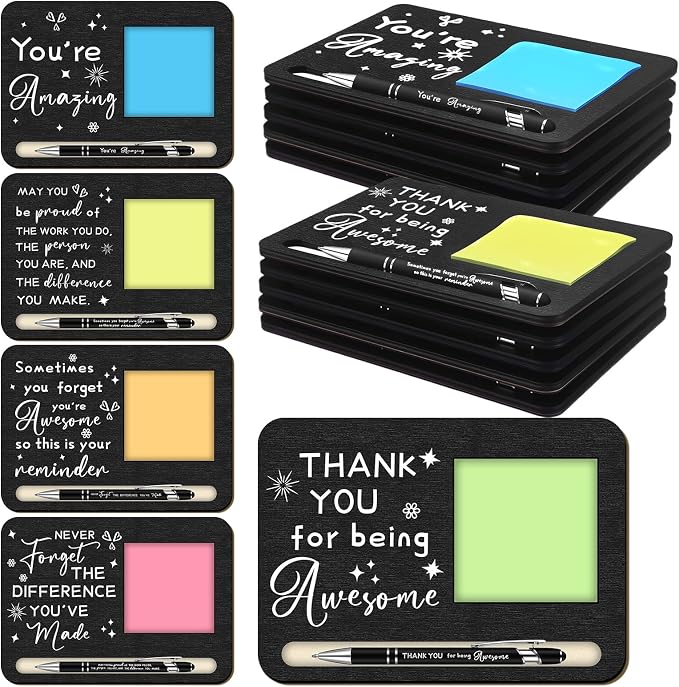 Kosiz 10 Set Back to School Teacher Gifts Wooden Sticky Note Holder with Notes and Ballpoint Pens Inspirational Sticky Notes Set for Teacher Back to School Thank You Gifts, Black