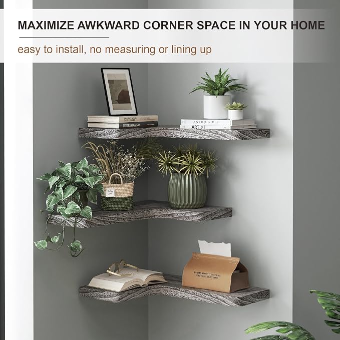 fuqing Floating Corner Shelves, Wall Shelf Set of 3, Shelves for Wall Storage, Solid Wood Shelves for Storage, Wall Mount Wooden Display Shelf for Bathroom Bedroom Kitchen Garage, Weathered