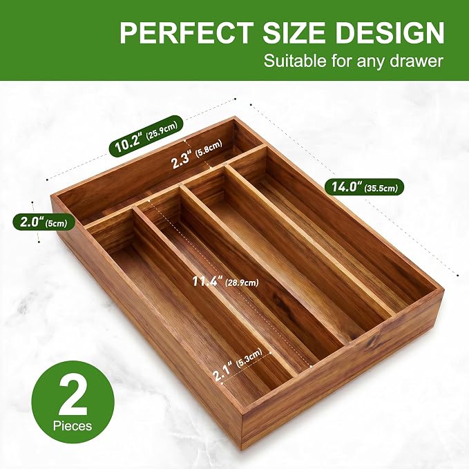 Greenual Acacia Wood Silverware Organizer 10 In Utensil Organizer Silverware Tray for Drawer Cutlery Flatware Organizer for Kitchen 2 Pack