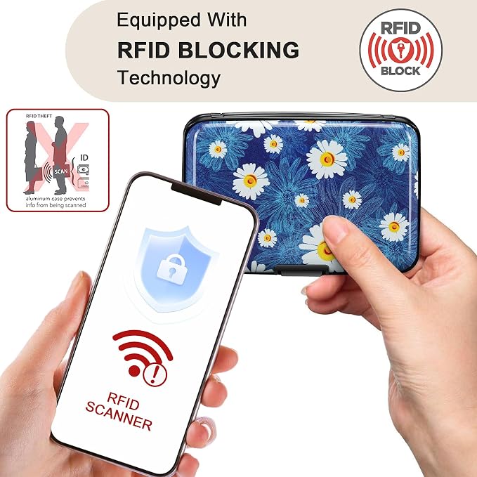 ELFISH Mini RFID Aluminum Wallet Credit Cards Holder Business Card Case Metal ID Case for Men Women(White Flower)