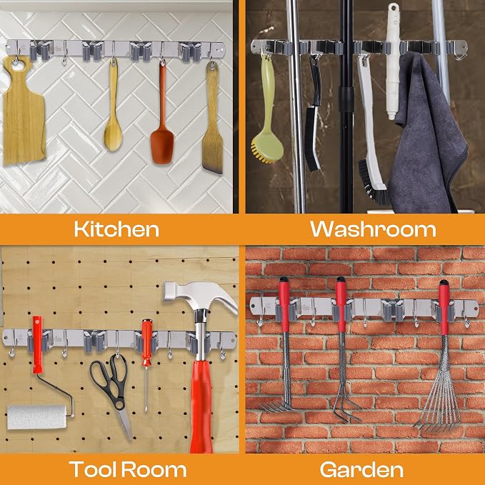 Heavy-Duty Stainless-Steel Broom Holder Wall Mount with 4 Racks and 5 Hooks | Rust Resistant Mop and Broom Hanger | Adjustable, Garage & Garden Tool Organizer | Silver Color