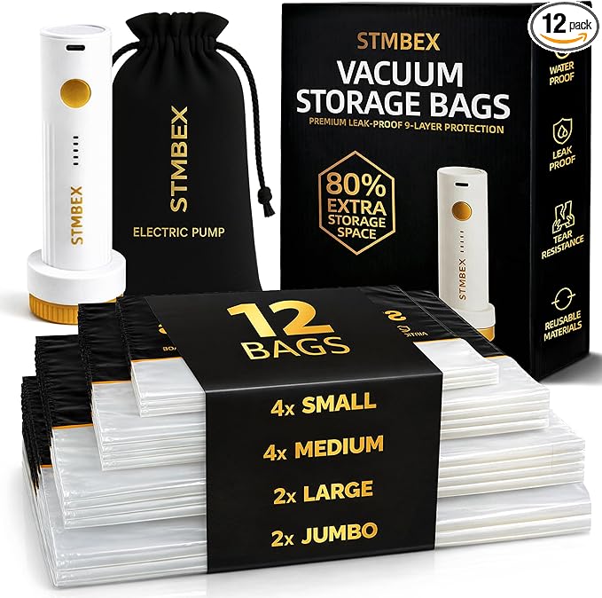 Vacuum Storage Bags with Electric Pump, Travel Vacuum Bags with USB-C Pump, Vacuum Seal Bags for Clothing Travel, Compression Sacks for Suitcase Packing, Reusable Space Saver Bags (12 Pack)