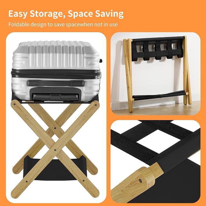 Heybly Luggage Rack, Folding Suitcase Stand with Storage Shelf, Heavy-Duty Luggage Holder for Guest Room Bedroom Hotel, Holds up to 165 lb, Natural, HLR010N1