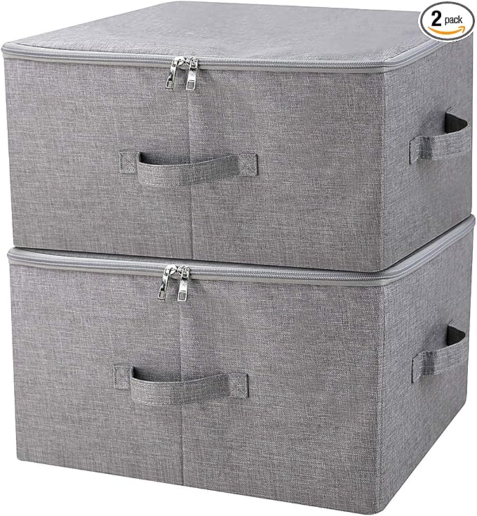 Folding Rigid Storage Baskets for Clothing, Closet Shelf Drawers, 2 pcs | 17.6*13.6*9.7" fits most shelves/ closet/ wardrobes, 3-side zipper lid for heavy large stuff, sturdy fabric plastic boards