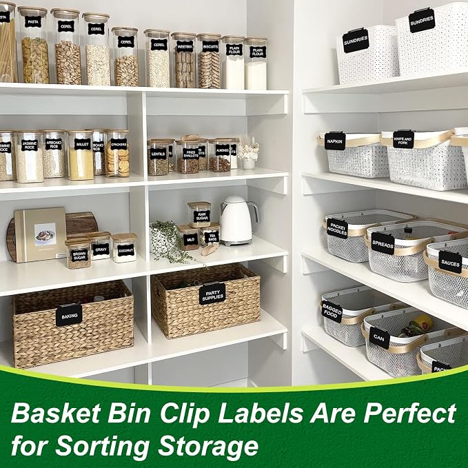 Basket Labels Clip On Set, Storage Bin Label, Clip-On Chalkboard Labels | Including 10 removable bucket label clips, 1 chalk marker, 16 stickers, Storage Bin Label for Basket Tags, Storage Bin Label