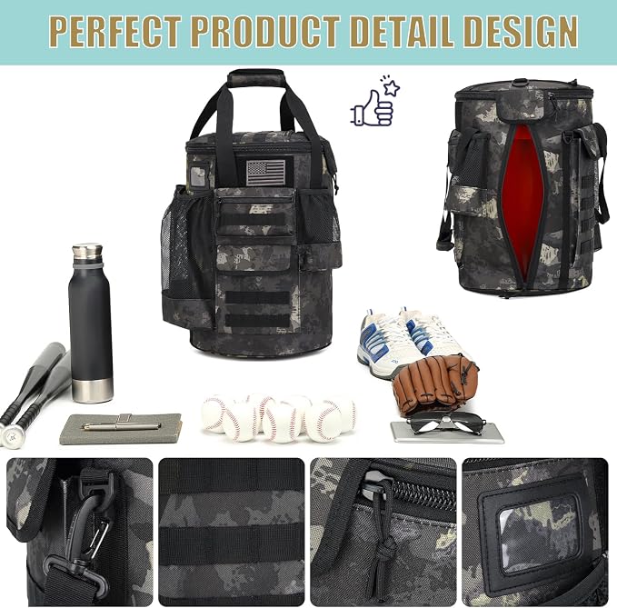 Baseball Bucket Bag Baseball Coaching Accessories Organizer Tactical Style Softball Bucket Bag with Anti-Slip Bottom, Multiple Pockets for Bat, Gloves, Scoreboards