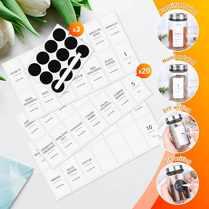 Segarty Spice Label Stickers, 316 Pcs Square White Preprinted Spice Label and Blank Chalkboard Stickers Set with 1 Chalk Marker, Waterproof Removable Condiment Label for Canister, Food Container