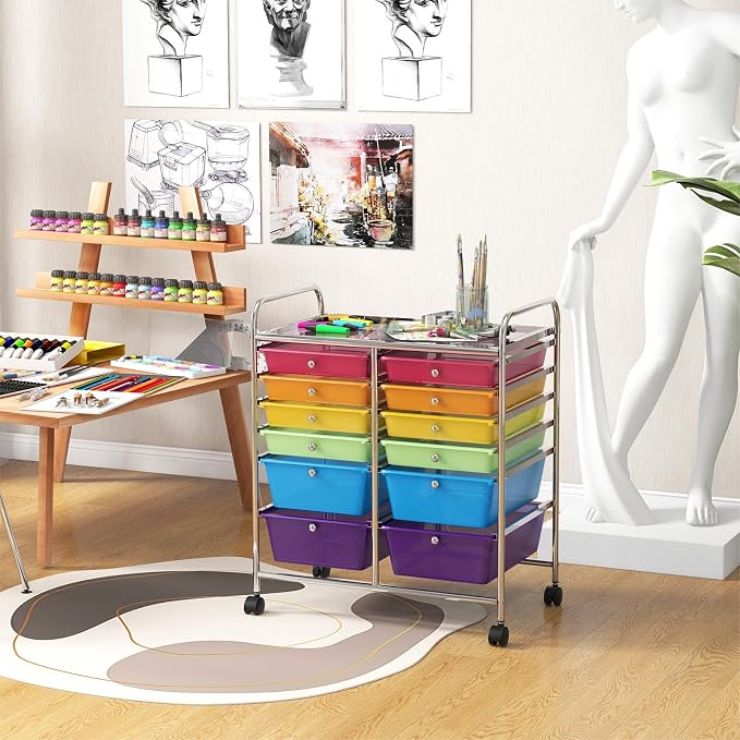 DREAMADE Rolling Cart with Storage Drawers, Utility Cart with Removable Plastic Drawers, Lockable Wheels, Art Cart for Classroom Organization Art Supplies Office Scrapbook (‎12 Drawers, Rainbow)