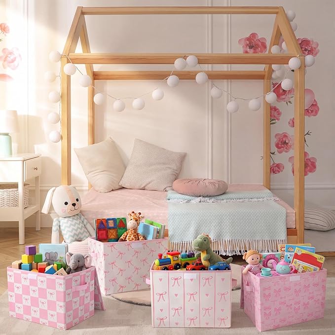 CHENGU 4 Pcs Pink Bow Storage Bin with Lid Large Fabric Pink Foldable Storage Box with Handles Cute Collapsible Cube Organizer Basket for Closet Home Bedroom Nursery Dorm Decor, 15.7 x 11.8 x 11.8''