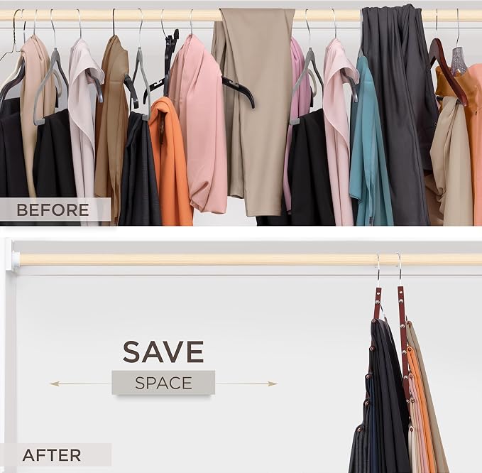 MORALVE Pants Hangers Space Saving - 2 Pack European Beechwood Scarf and Jean Hangers - Closet Organizer and Space Saver Pant Rack, Leggings Hanger, and Scarf Holder with 360° Swivel Hook