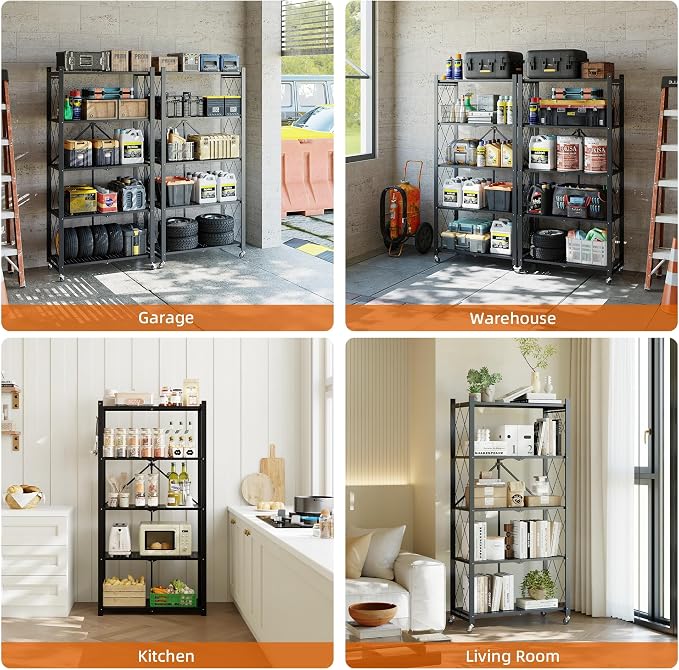 Fenbeli Foldable Shelves with Wheels - 5 Tier Folding Shelf, Collapsible No Assembly Metal Shelving Unit, Origami Storage Shelves & Rolling Storage Rack with 8 Hooks for Kitchen Pantry Garage