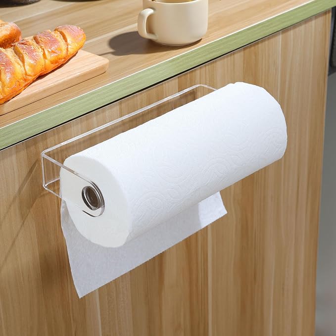 ZUNTO Acrylic Paper Towel Holder - Adhesive Paper Towel Roll Holder Under Cabinet, Clear Plastic Wall Mounted Paper Towel Rack for Kitchen, Frees up Counter Space | Clear Plastic Wall Mounted, Rustproof, No Drilling, Vertical or Horizontal , Kitchen Ro...
