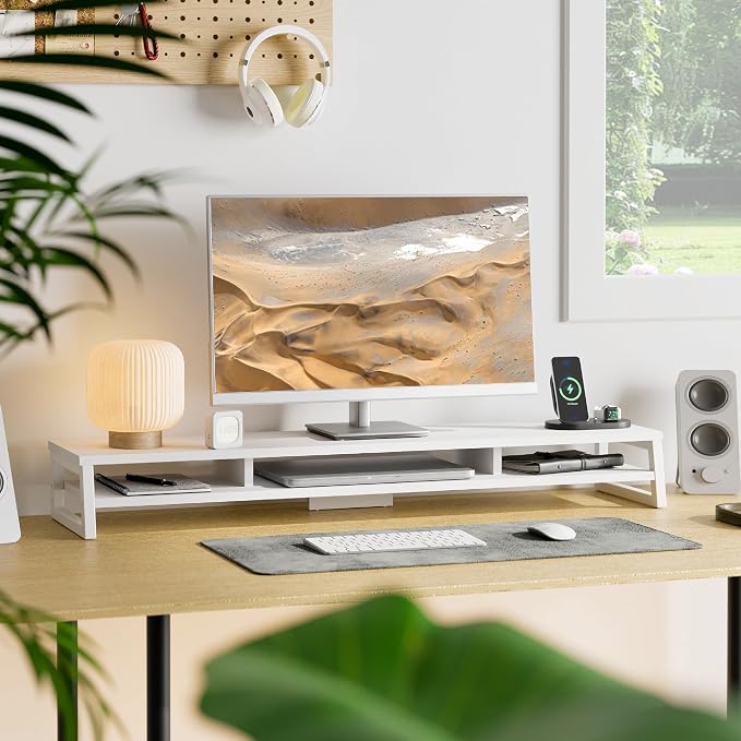Fenge Dual Monitor Riser for Desk, Open Shelf with 3 Storage Compartments | 42.5in Computer Monitor Stand, 2-Tier Desk Shelf for Top of Desk,One-Piece Panel, fit Ultrawide Monitor, PC, Laptop, White