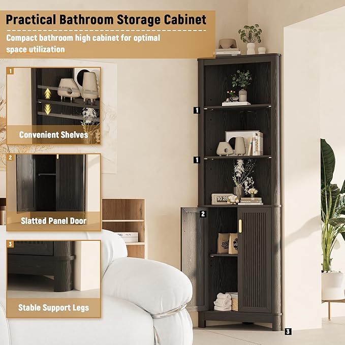 INNOD 69" Tall Corner Shelf with Doors, 6-Tier Corner Storage Cabinet with Doors, Space Saver Shelf for Bathroom, Bathroom Floor Cabinet for Living Room Kitchen, Hallway