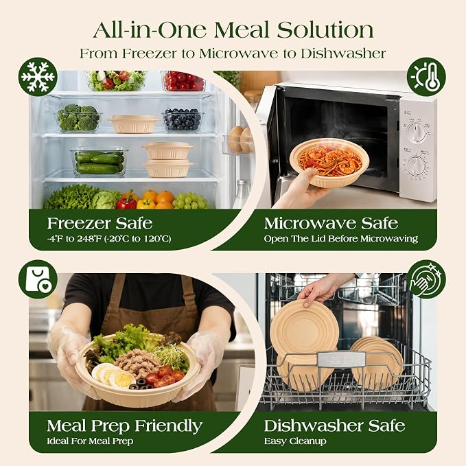100 Piece (50 Pack) Meal Prep Bowl Containers with Lids, Cornstarch Round Food Containers for Lunch Salad Deli Soup, BPA Free Plant-based Take Out Containers Microwave & Freezer Safe, 16 oz