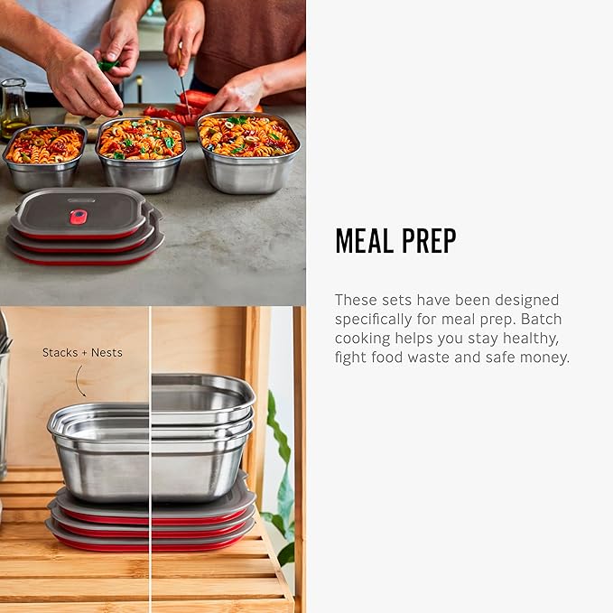 BLACK + BLUM Stainless Steel Microwave Safe Container Set | Mixed Set of 3 | Set of 600ml/900ml/1.2L, Leak Proof & Airtight, Durable & Reusable, Stackable Food Storage, Ideal for Meal Prep Batch Cooking