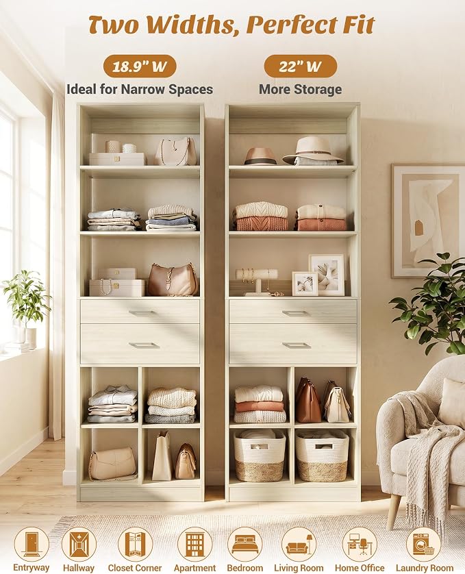 Besiost 18.9" Small Closet System with Drawers, Walk-in Closet Organizer | Small Closet Organizer for Walk in Closet, Bedroom & Nursery, Wardrobe Storage Unit, Greige Oak