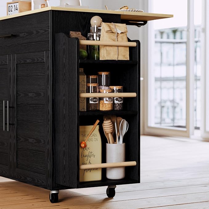 IRONCK Kitchen Island with Storage, Charging Station and Drop Leaf, Black | Wheels, Drawers, Open Shelves, Drawer Storage, Everyday Home Use