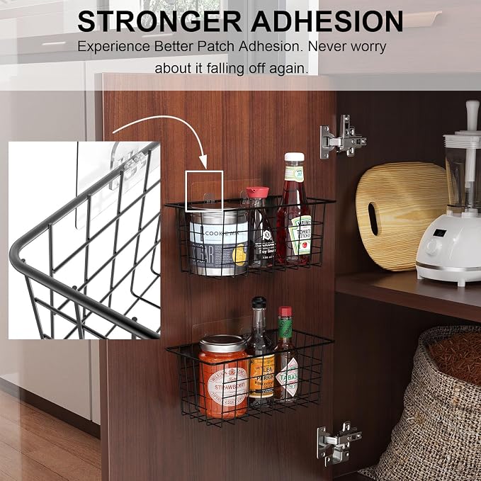 MaraFansie Hanging Kitchen Baskets, 2 Pack Wire Storage Basket Over Cabinet Door Organizer with Adhesive Hooks, No Drilling Pantry & Cabinet Organization for Kitchen Bathroom, Extra 2 Hooks, Black