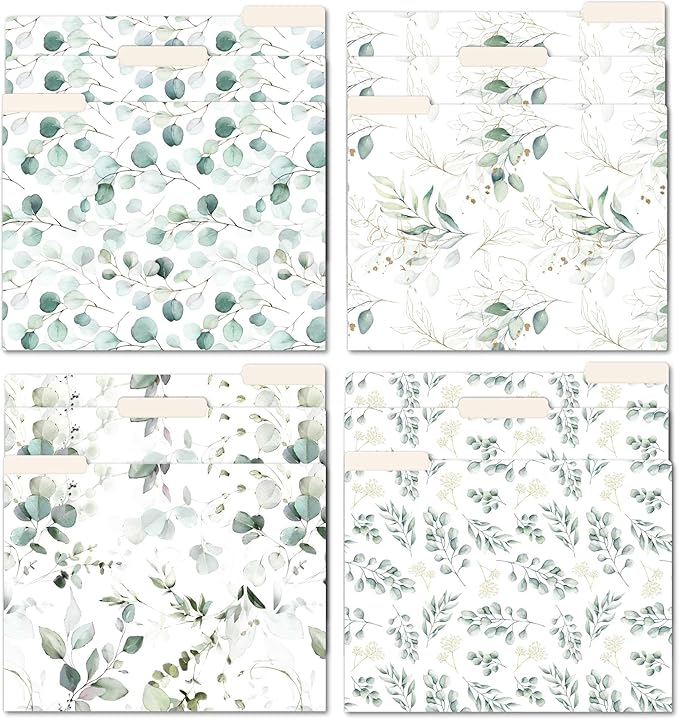 Bloom Daily Planners Decorative File Folders - Set of Twelve Letter Size (8.5” x 11”) Organizers, 1/3 Cut Tabs - Assorted Designs - Eucalyptus, 12-Pack