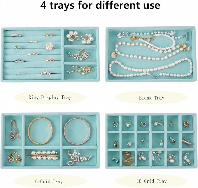Stackable Jewelry Organizer Trays for Drawer, Set of 4 Velvet Jewelry Drawer Inserts in Dresser, 8in Storage Display Case for Rings Stud Necklaces Accessories(Blue)