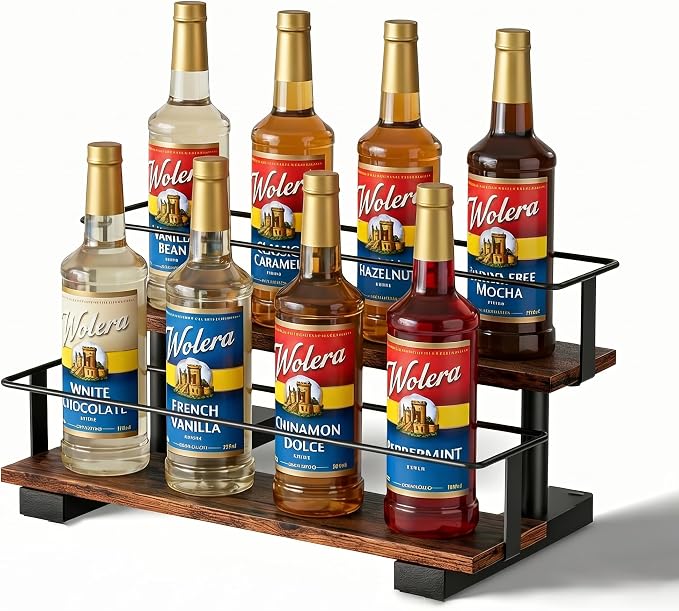 2-Tier Coffee Syrup Bottle Holder, Holds 8 Bottles, Stepped Design | Wood & metal structure, sturdy countertop rack for coffee bar, fits liquor, spice jars, wine & condiments.