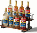 2-Tier Coffee Syrup Bottle Holder, Holds 8 Bottles, Stepped Design | Wood & metal structure, sturdy countertop rack for coffee bar, fits liquor, spice jars, wine & condiments.