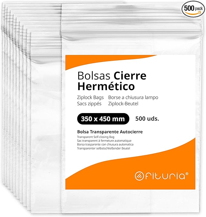 500 Clear Plastic Seal Bags Ideal for Freezing Food, Document Storage, Reusable and Storage Bags - Ophituria (350 x 450 mm)