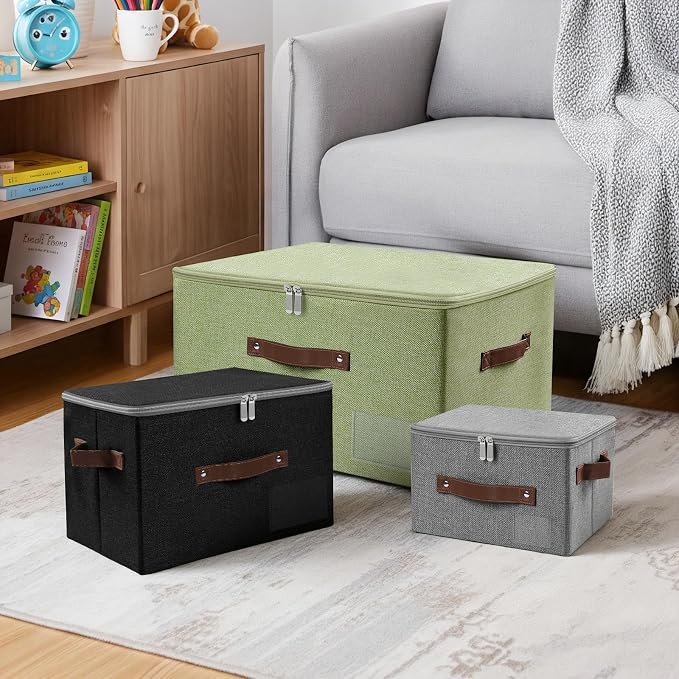 ANMINY Small Fabric Storage Box Bins with Zipper Lid, Washable Gray, 3PCS | Cotton Linen Fabric, PP Board Frame, Label Holder, Stackable & Foldable, PU Handles, Dual-Zipper 3-Side Open Lid