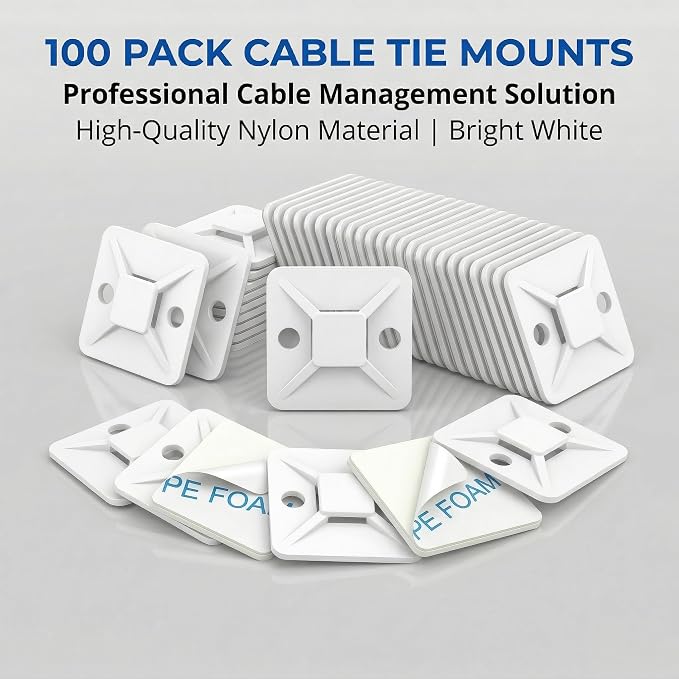 100 PCS 1" Adhesive Cable Tie Mounts – Strong Sticky Back Nylon Wire Holders for Cable Management in Home, Office, Car & Christmas Lights (White-100)