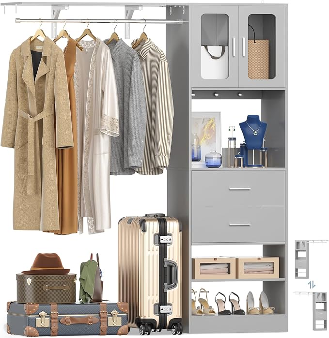 5FT Closet System with Doors and Wooden Drawers, 60'' Reversible Closet Organizer System with Big Wing Shelf and Hanging Rod, 80'' Tall Walk in Wardrobe Closet System with Shelves & Hooks, Grey